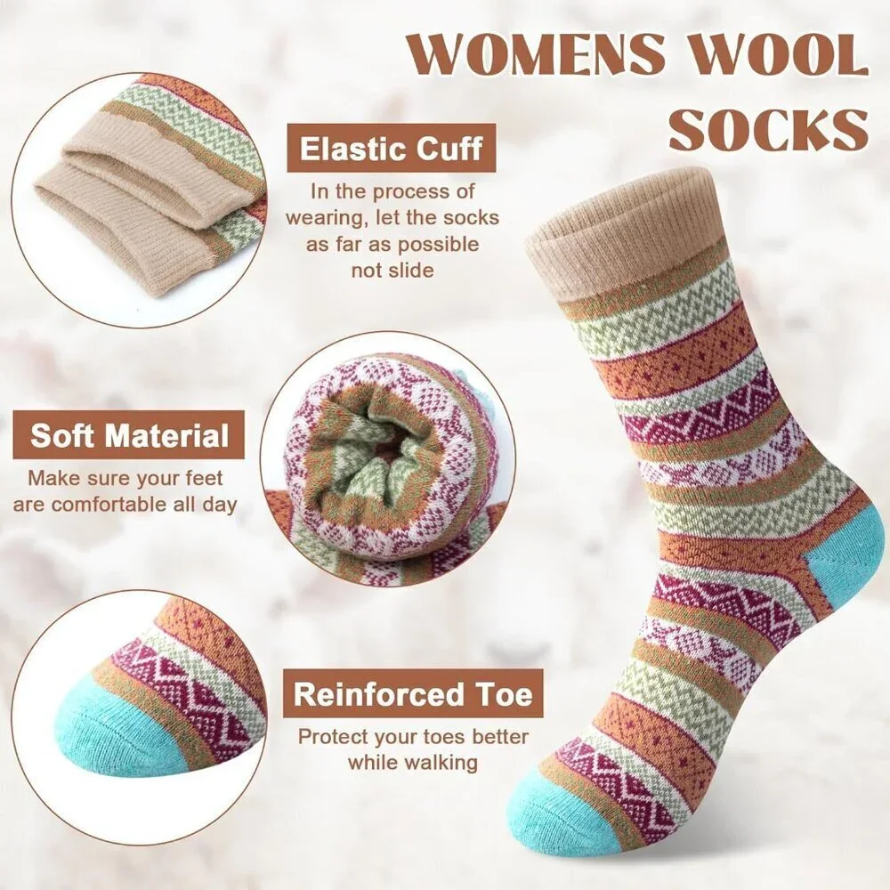 Women's 5 Pairs Winter Thick Boot Cozy Crew Vintage Soft Calf Knit Wool Socks